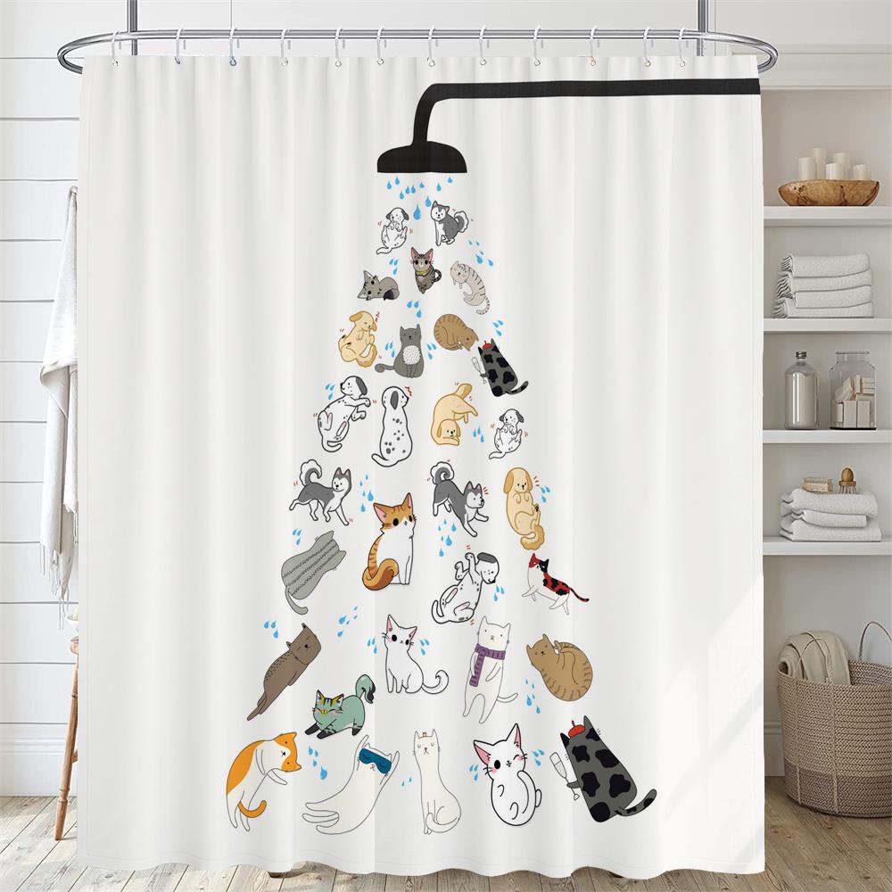 Cartoon Animal Shower Curtain Cute Cat and Dog Bath Curtain with Hooks, Waterproof Shower Curtain, Shower Curtains for Bathroom
