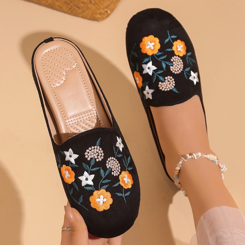 Fashion Comemore Slippers Women 2025 Spring Summer New Ethnic Style Embroidery Mules Half Slipper Casual Flat Bottom Baotou Slides Shoes