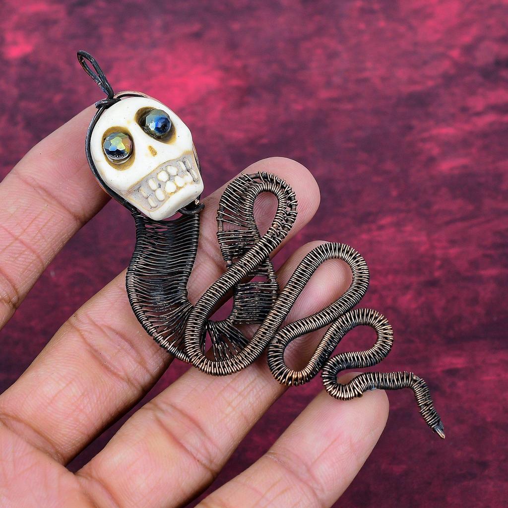 Howlite Copper Wire Wrapped Pendant Titanium Bead Eyes Handmade Jewelry Skull Bone Face Pendant