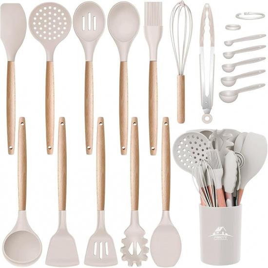 MIBOTE Silicone Cooking Kitchen Utensils Set with Holder, Wooden Handles Cooking Tool BPA Free Turner Tongs Spatula Spoon Kitchen Gadgets Set for