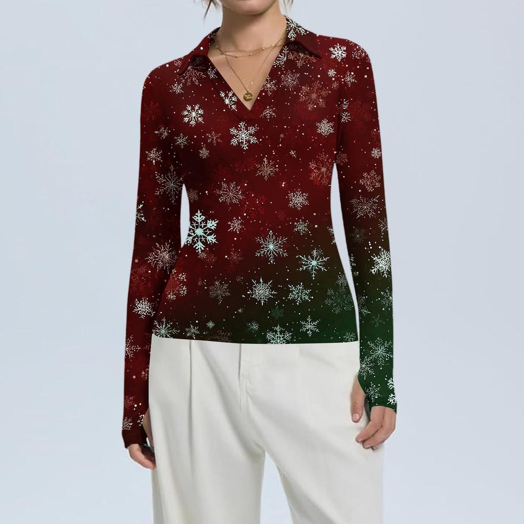 Women's Fashion Casual Christmas Print V-Neck Long Sleeve Button-Down Top