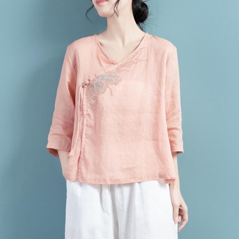 

Spring and summer new embroidered cotton and linen shirt women s diagonal placket casual loose thin top M рожевий