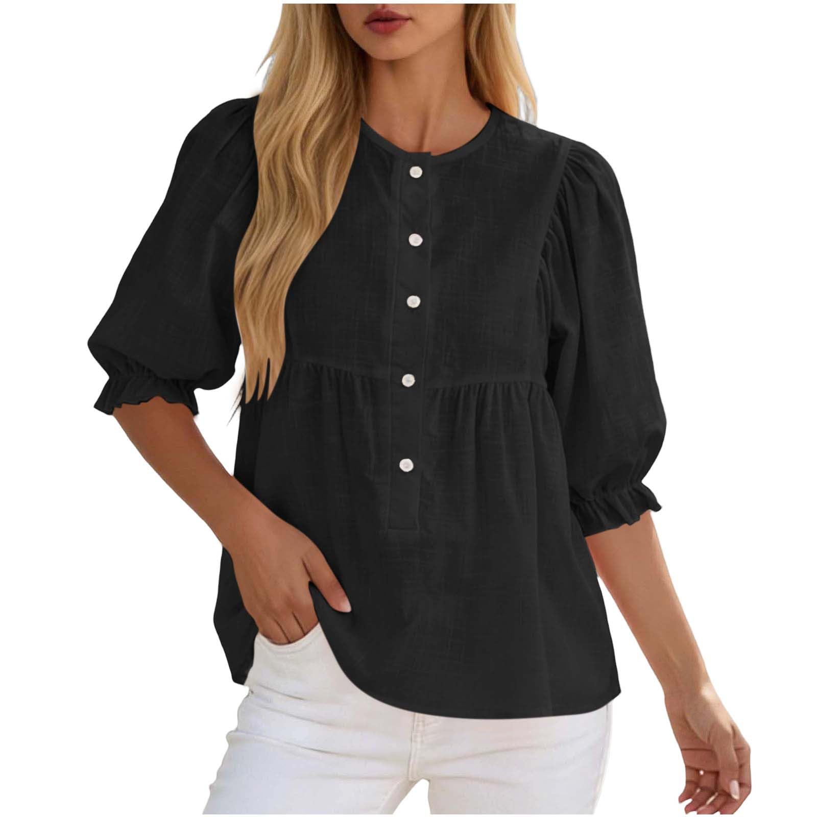 

Womens Tops Half Puff Sleeve Shirts Cotton Ruffled Blouses Summer Button Up Blouses L