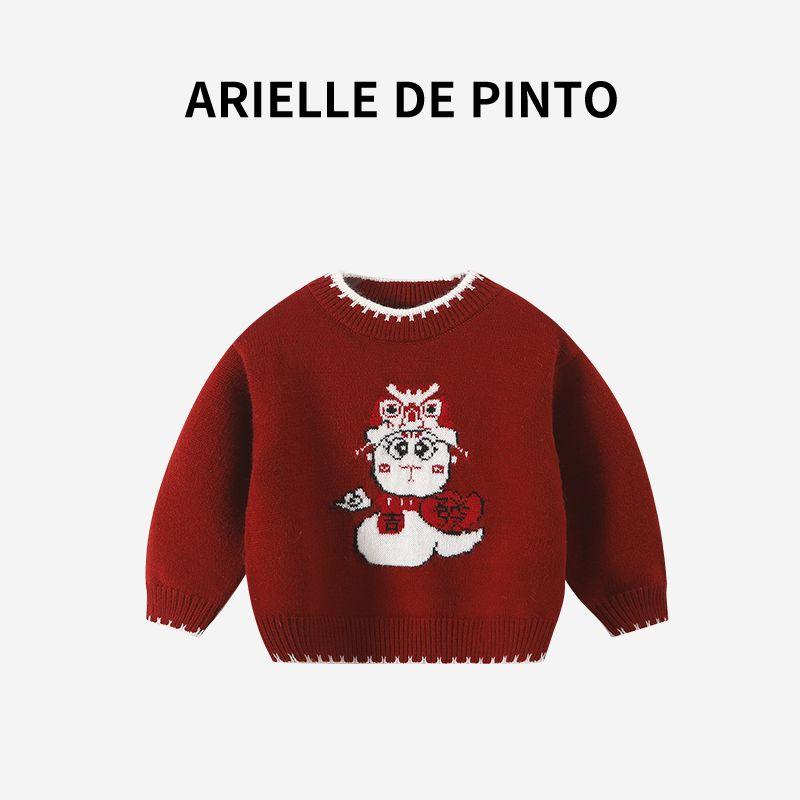 French Arielle De Pinto Girls  Sweater Winter New Cartoon Thickened Warm New Year s Top for Girls Red 90