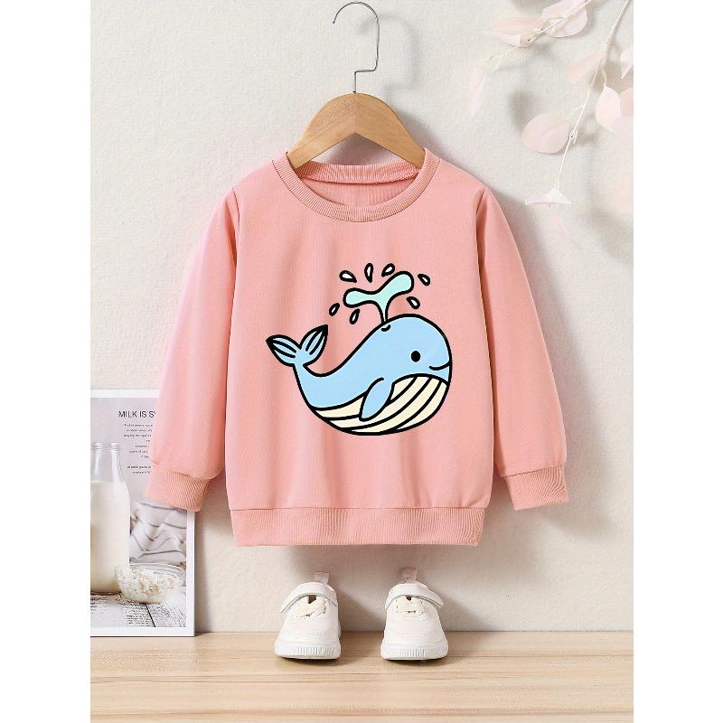 Kids Cartoon Whale Print Crew Neck Sweatshirt - Casual Pullover with Applique, Regular Fit, Slight Stretch, Perfect for Spring & Fall