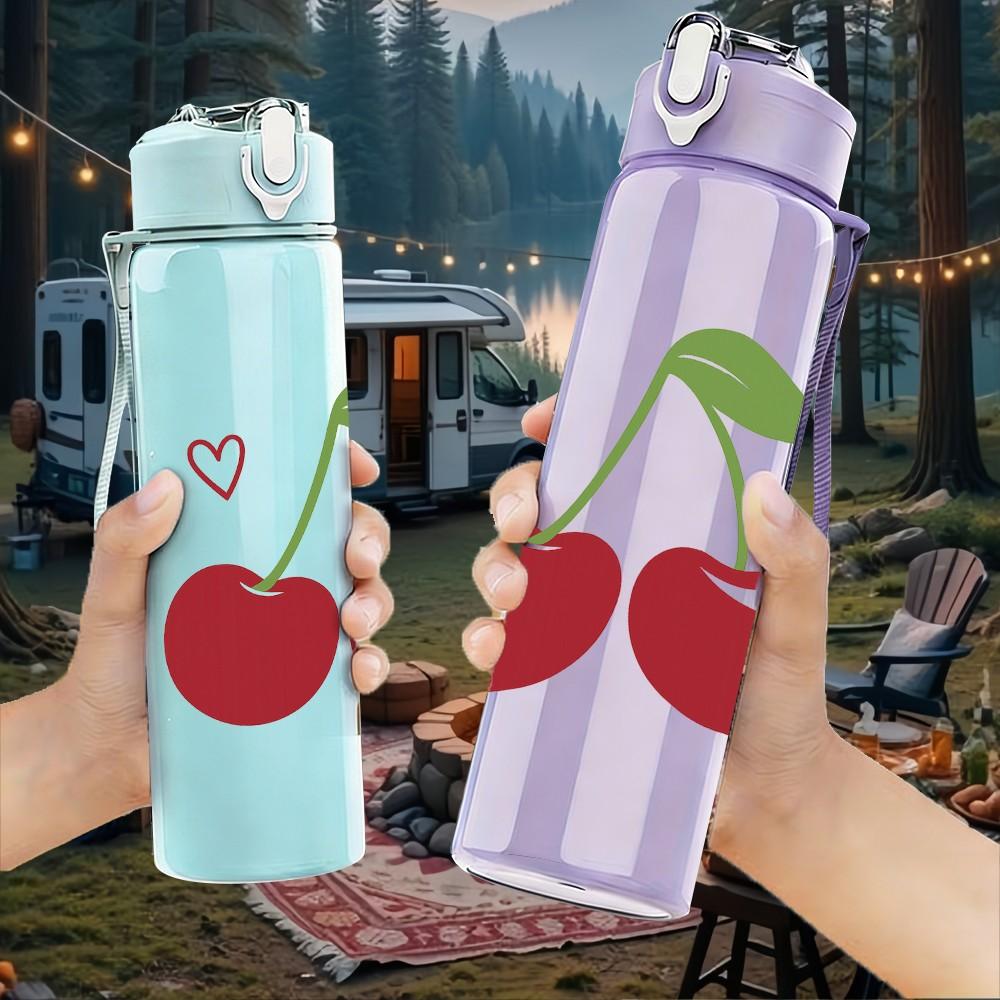 1PC Red Cherry Fruit 750ml Color Plastic Sports Water Bottle Leakproof Flip Straw Lid Suitable for Sports Office Home Use