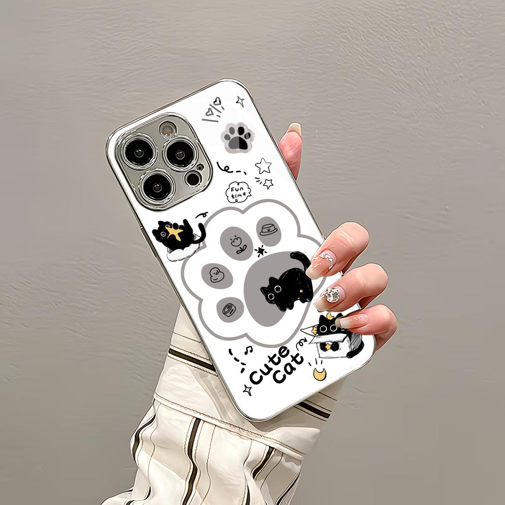 Cute cat paw print silver plated glass phone case suitable for iPhone 17 16 15 14 13 12 11 Pro/Max/Plus scratch resistant