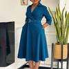 Plus Size Womens Turn Down Collar Solid Color Elegant A Line Midi Dress