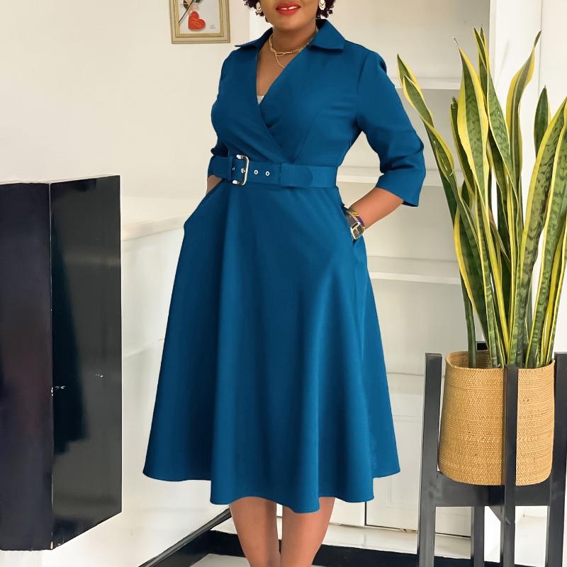 Plus Size Womens Turn Down Collar Solid Color Elegant A Line Midi Dress