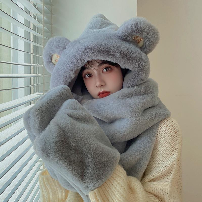 Bear hat, scarf, and gloves, fleece-lined and thickened, three-piece set, women's plush hat, women's winter warm plush hat