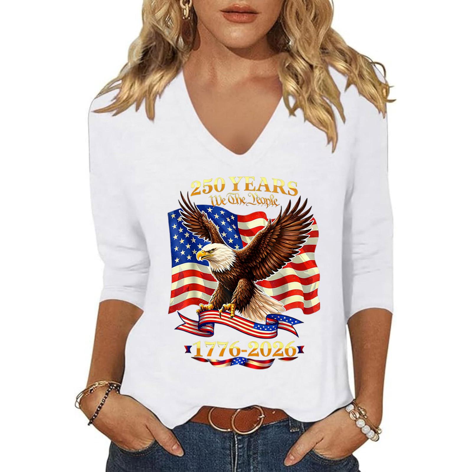 

Women s Casual V Neck Top 250 Years 1776-2026 Patriotic Independence Day Print Long Sleeve Shirt Lightweight Comfortable Fit L білий