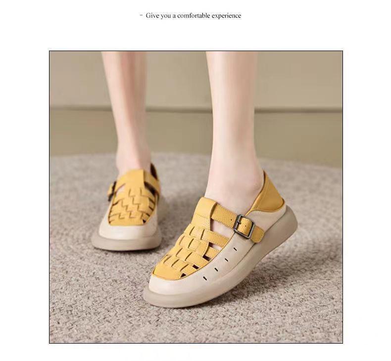 Sandalias Retro de Cuero Suave Transpirable de Punta Cerrada para Mujer Verano 2025