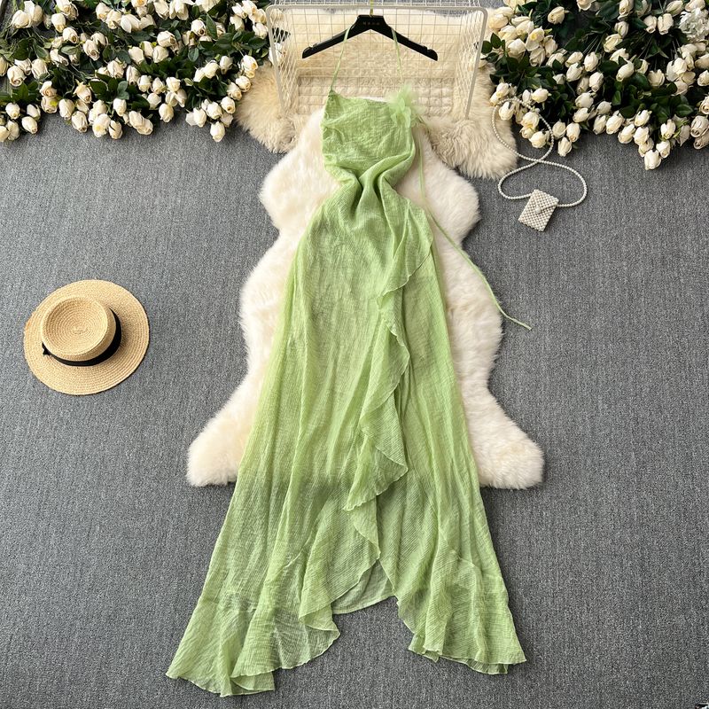 Seaside Holiday Sexy Halter Backless Dress Women's Summer Tight Waist Elegant Asymmetrical Ruffles Chiffon Dress