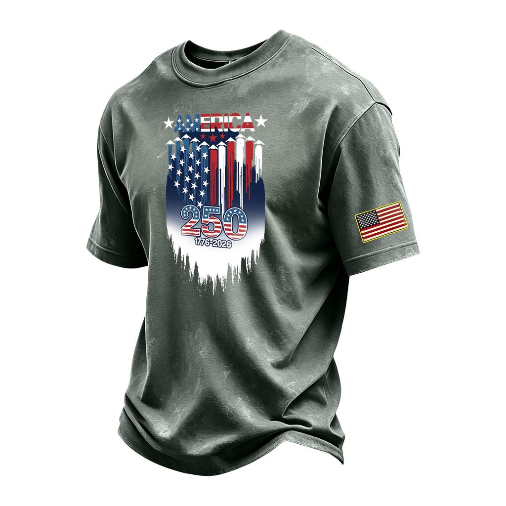 Men's Vintage Washed Short Sleeve Crew Neck T-Shirt with Patriotic Graphic Print and Sleeve Flag Patch Casual Fit