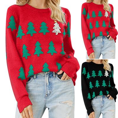 Women's Christmas Sweater Pullover Long-sleeved Christmas Tree Snowflake Pattern Christmas Knit Round Neck Sweater Top