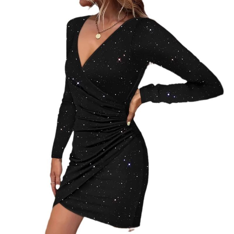 Spring and Autumn Women's Solid Color Flash Elegant Dress