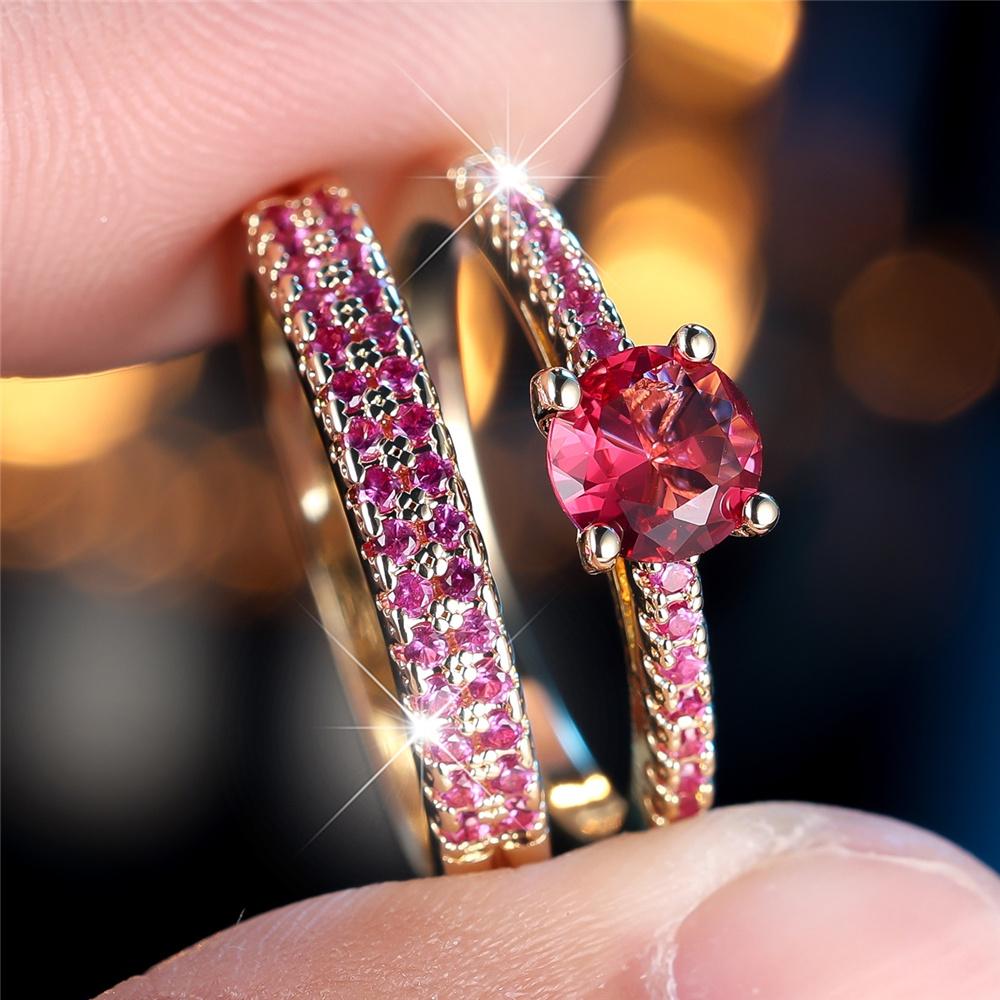 Кристальный Женский Набор Колец Розово-Красный Циркон Модный Винтажный Золотой Цвет Свадебный Обручальное Кольцо Для Женщин 13