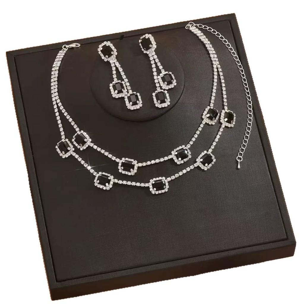 Geometric Double Layer Collar Necklace With Water Diamond Pendant For Women