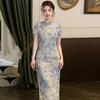 Elegant Blue Tencel Linen Qipao Dress 2026 Womens Modern Long Cheongsam With Stand Collar Side Slit