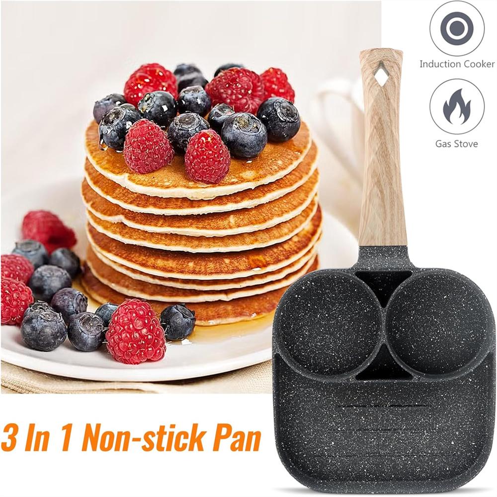 Egg Frying Pan Non-Stick Egg Pan with 2Hole Multi Aluminum Alloy Fried Egg Pan with Wooden Handle for Burger Eggs Ham