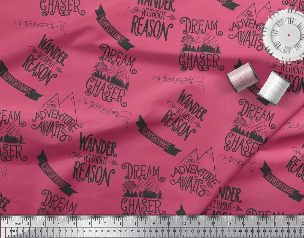 Soimoi Pink Japan Crepe Satin Fabric Dream Chaser Text Print Fabric by metre 42 Inch