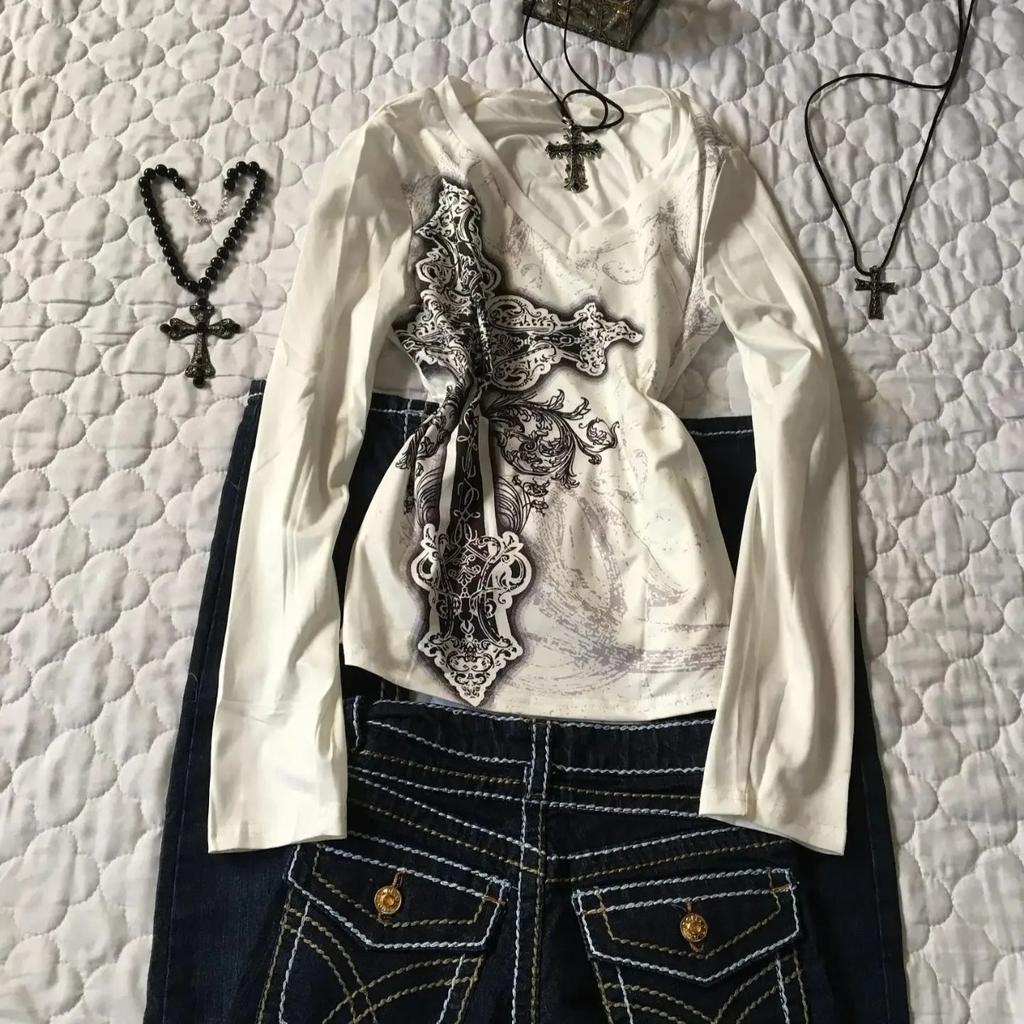 TrendHub Y2K Women's Hip Hop 90s Vintage Punk T-Shirt Autumn Streetwear Sexy Short Sleeve Gothic Slim Crop Top Hotgirl Casual Femme Tee