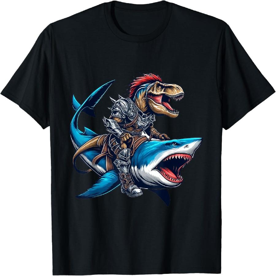 T-Rex Riding Great White Shark into Battle Awesome Kid T-Shirt S