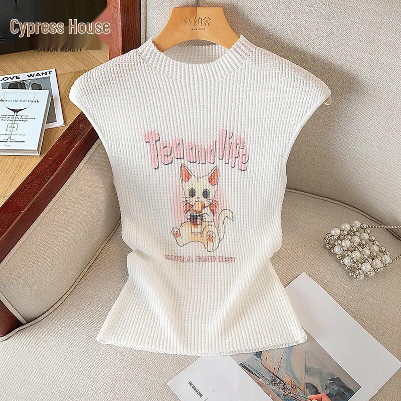 Women s Sleeveless Half-High Collar Knit Top with Cartoon Print One Size