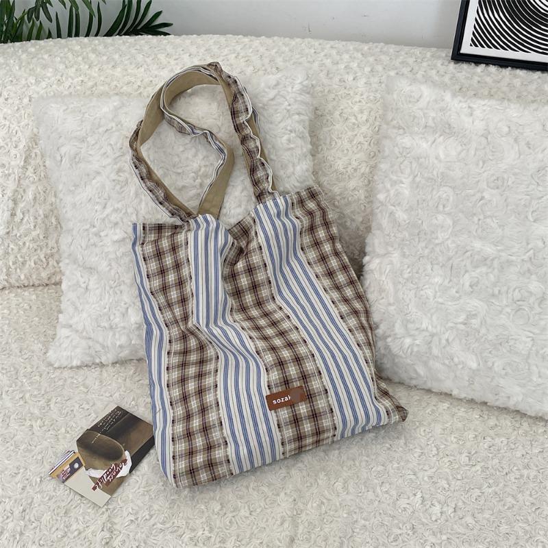 Vintage Plaid Patchwork Girls Shoulder Bags Large Capacity Commuter Women s Tote Shopping Bag Casual Portable Female Handbags