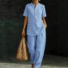 Women's Light Blue Short Sleeve Button Front Top and Wide Leg Pants Set