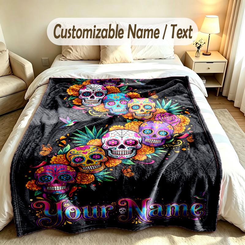 Day of the Dead Theme Custom Blanket Personalized Name & Text Customized Soft Warm Throw Blanket Home Decor