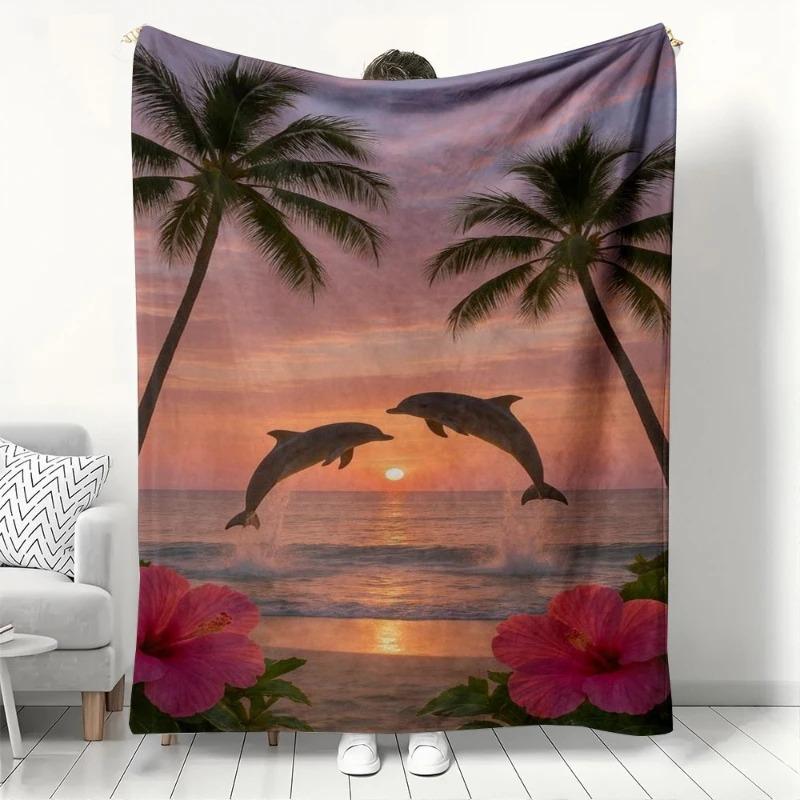 

Tropical Sunset Dolphin Blanket Soft Fleece Quilt Cozy Warm Throw Blanket for Sofa Bed Couch Beach-Themed Home Decor All Seasons 70x100cm білий