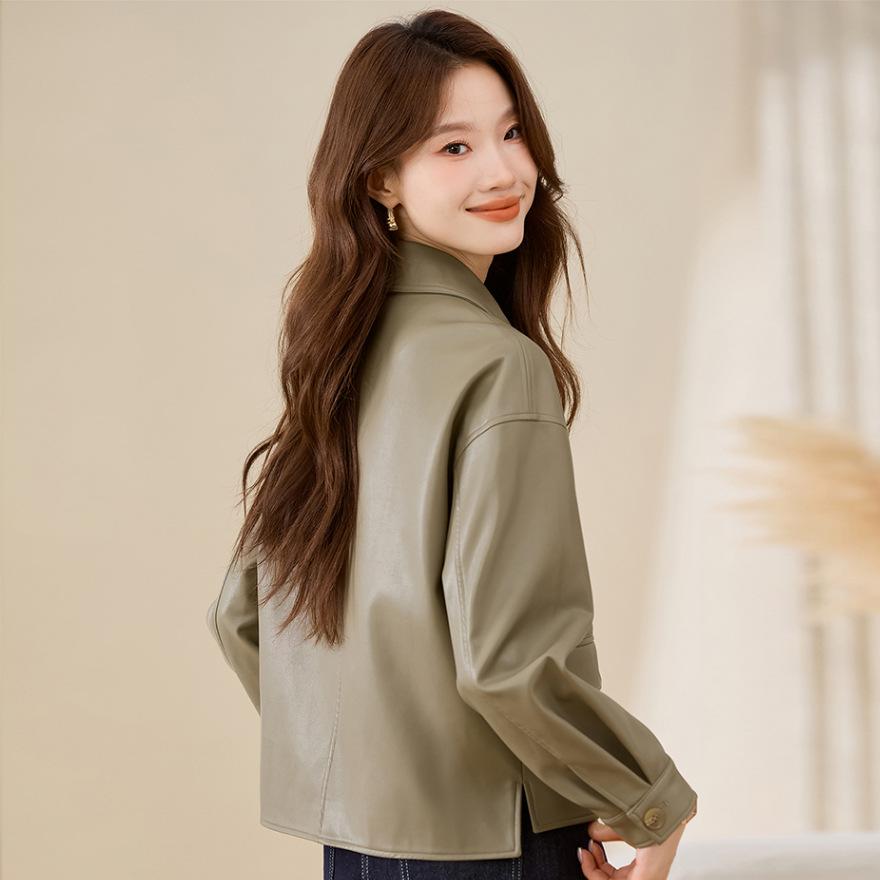 Retro Army Green Leather Jacket Women's Spring and Autumn New Design Sense Niche Fashion Lapel Short Leather Jacket