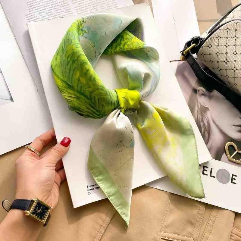70cm White Stripe Nordic Style Silk Scarf Women Large Square Shawl Simple Chic Decorative Versatile Headwear Clothing Bags Scarf