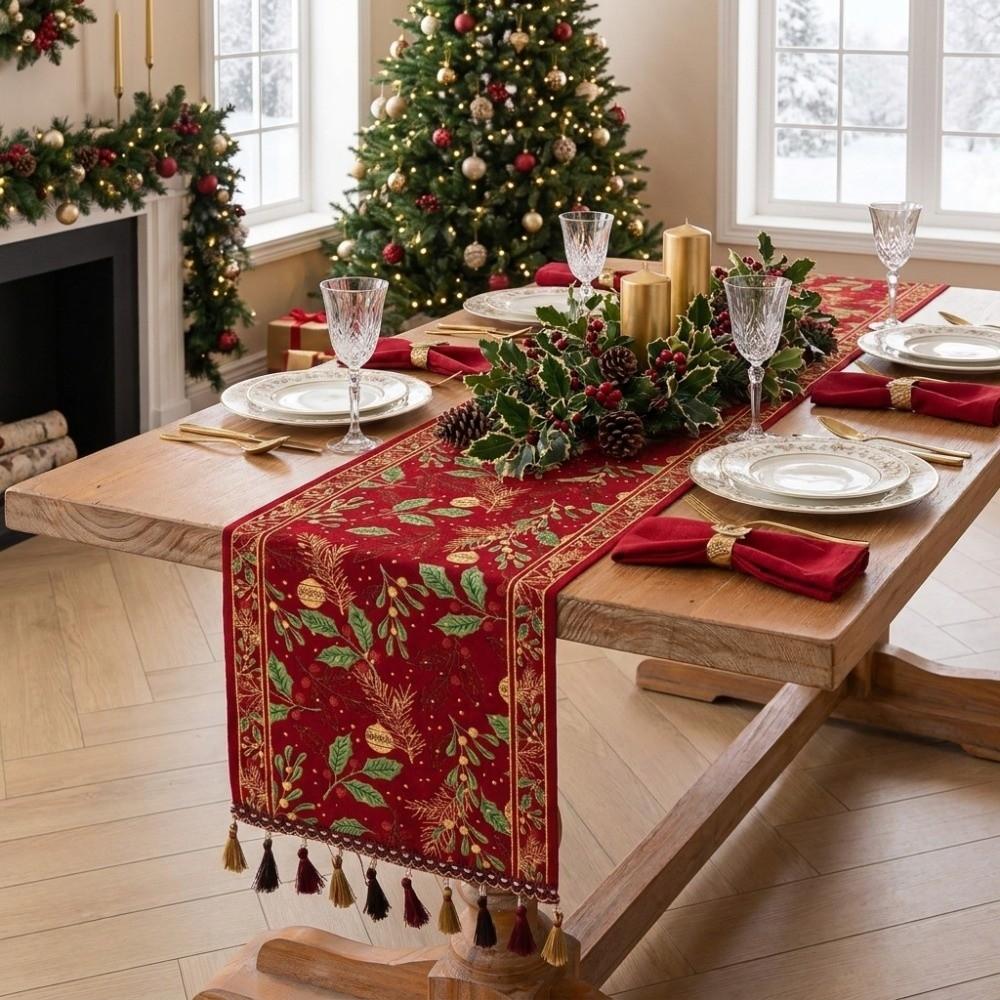 Fringed Pine Leaf Printed Table Flag Gradient Tassel Table Cabinet Cover Cloth Christmas