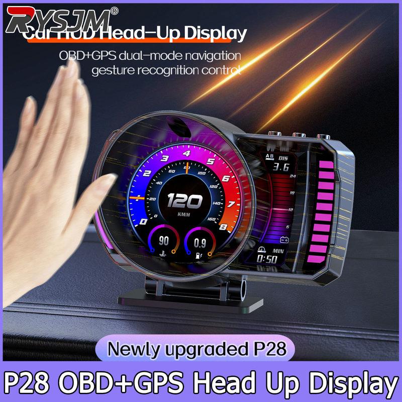 Head Up Display OBD2+GPS HUD P28 Smart Gauge Car HUD Speedometer Turbo RPM Alarm for Car Truck Pressure Water Temp Turbine