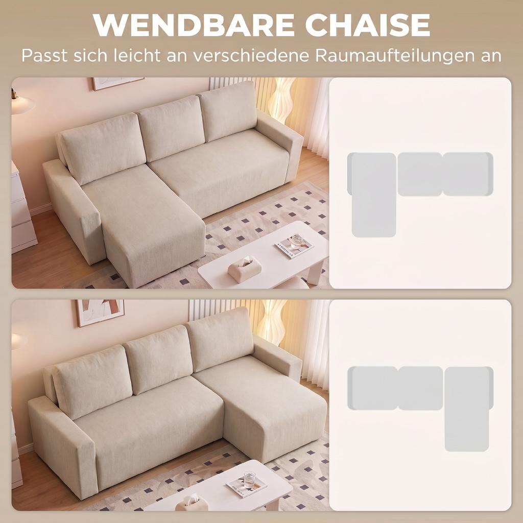 Corner Sofa with Sleep Function and Reversible Chaise Longue, L-Shaped 3-Seater Sofa with Velour Cover, Beige