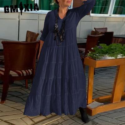 Women's Fashion Summer Spring Solid Color Print Long Sleeve V-Neck Casual Dresses