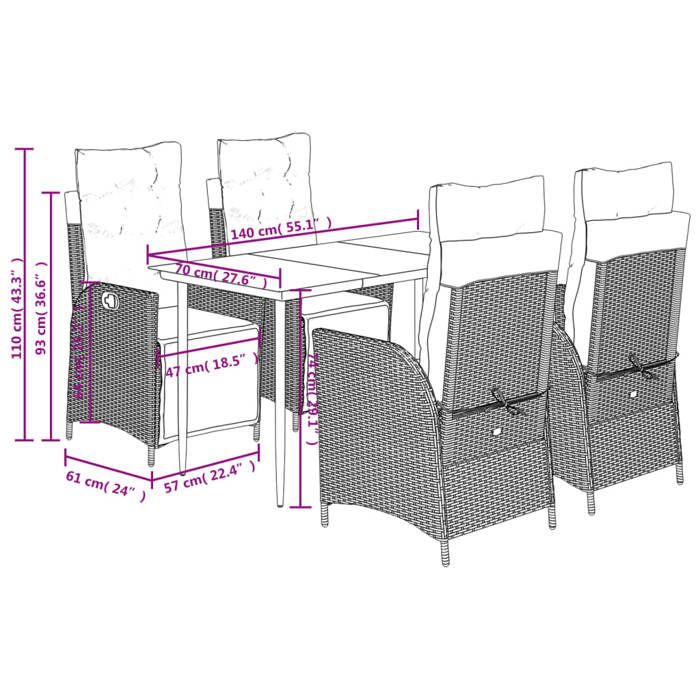 VidaXL Garden Dining Set with Cushions 5 Pcs, Table and Chairs with Adjustable Backrest, Outdoor Furniture, 3213380