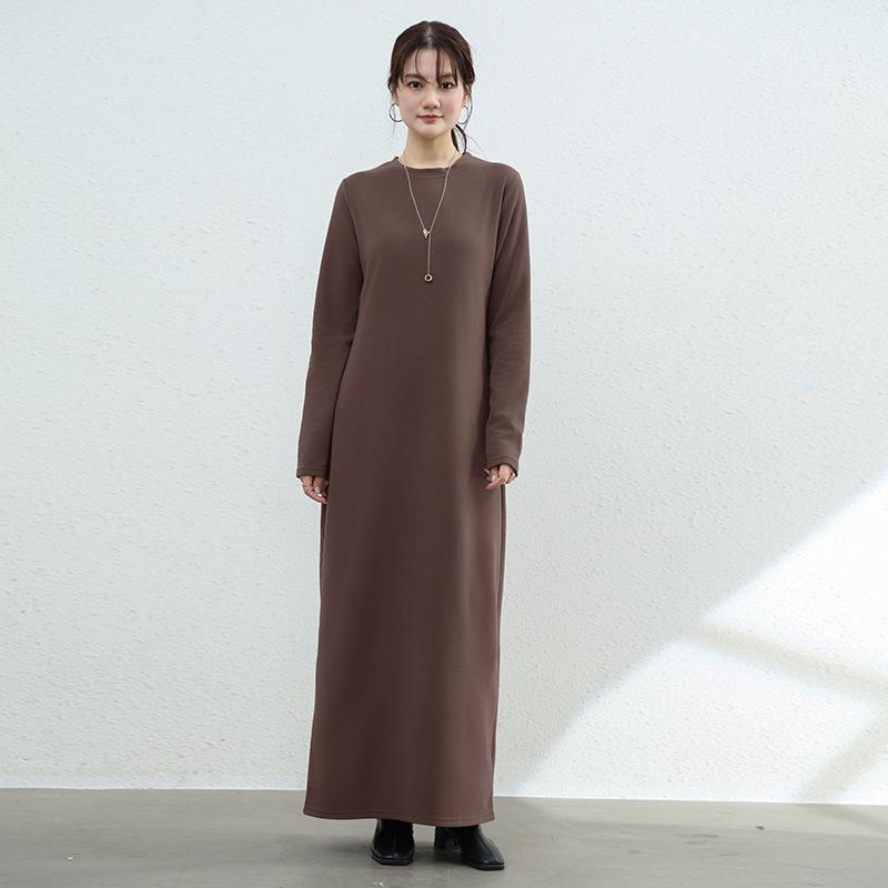 Autumn-Winter Japanese Style Brushed Wool Round Neck Long Sleeve Slimming Warm Dress for Women