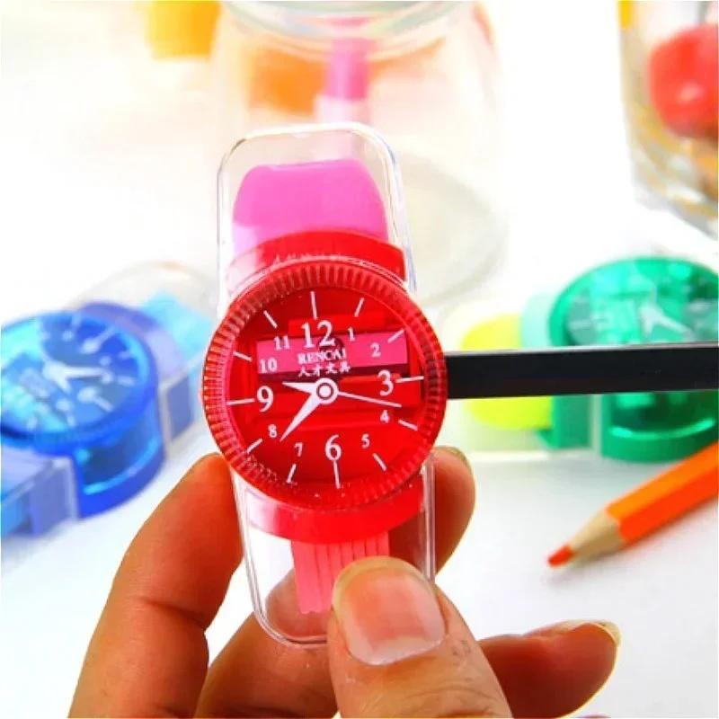 2PCS 3 in 1 Pencil Sharpener Wristwatch Modeling  with Eraser and Brush Lovely Kawaii School Stationery Supplies Random Color
