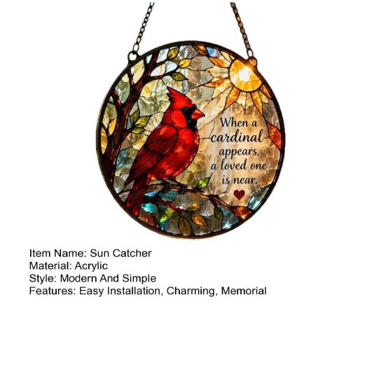 Red Bird Memorial Suncatcher Stained Glass Style Bird on Branch Window Hanging Decor Gift for Loss of Loved