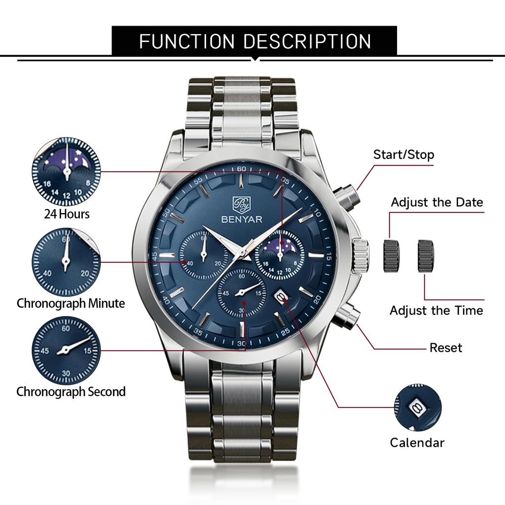 BY BENYAR Wristwatch Men's Chronograph Silver Blue