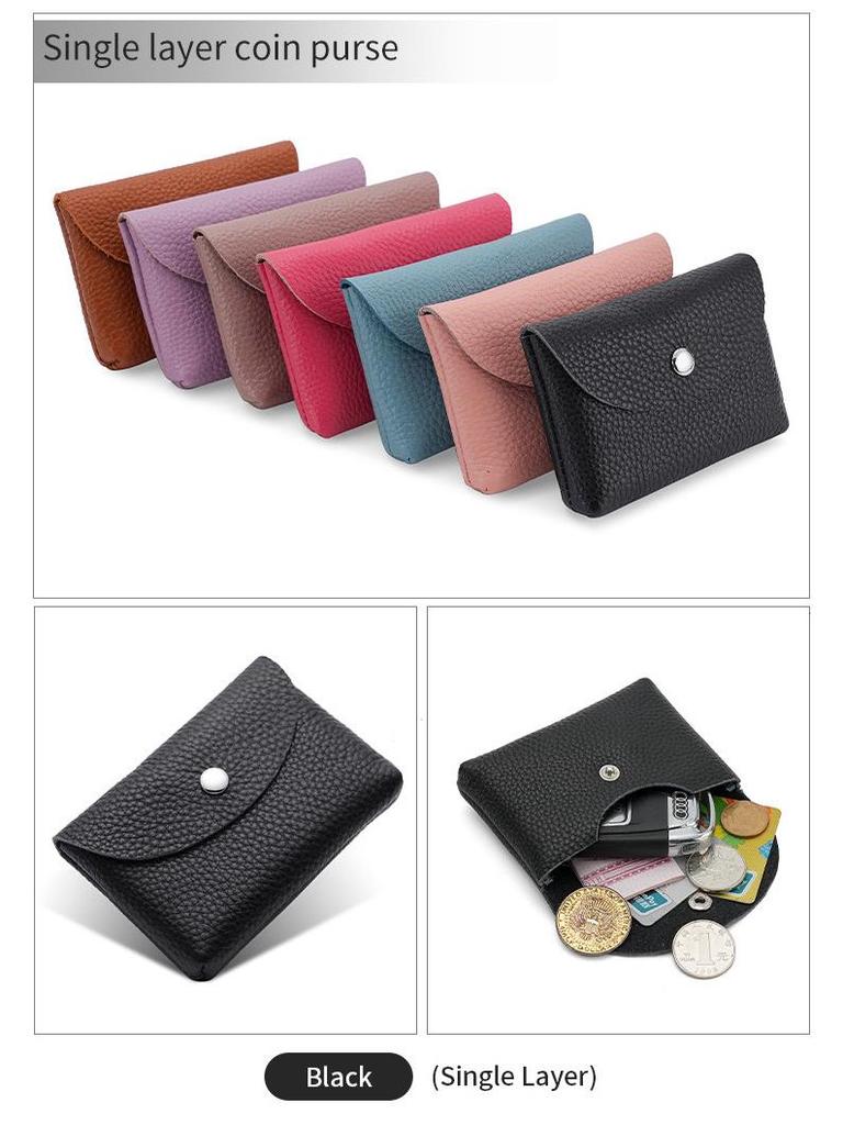 Women's Small Genuine Leather Coin Purse - Top Layer Cowhide Litchi Grain Cover Wallet