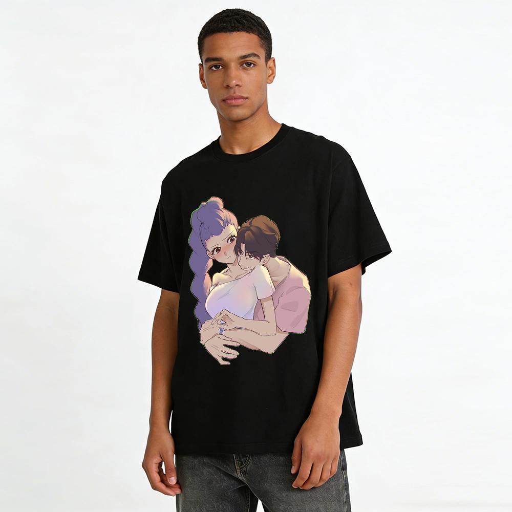 Anime Style Hugging Couple Print T-shirt Trendy Sweet Cool Casual Loose Short-sleeve Top Pure cotton T-shirt