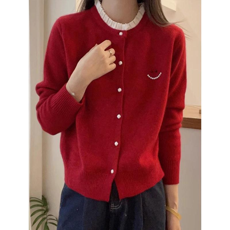 

Улыбающийся вязаный кардиган с бисером для женской весенней одежды, новая европейская женская базовая рубашка One Size красный
