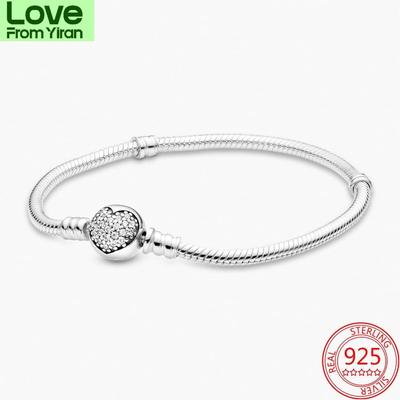 Fine 925 Sterling Silver Moments Sparkling Pav éHeart -Shaped Cuff Bracelet For Ladies Exquisite Gift Diy Charm Bracelet