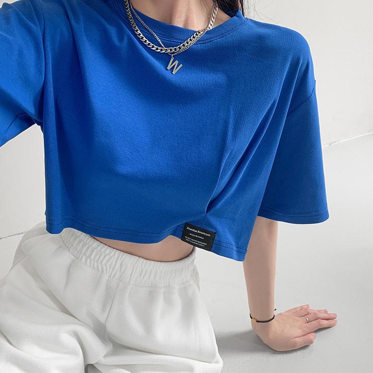 Harajuku მარტივი სოლიდური Crop Top ქალების ყოველდღიური მოკლემკლავიანი მაისური ზაფხულის სექსუალური თავისუფალი ახალგაზრდა გოგოს მოკლე მაისური კორეული ტანსაცმლის ტოპები