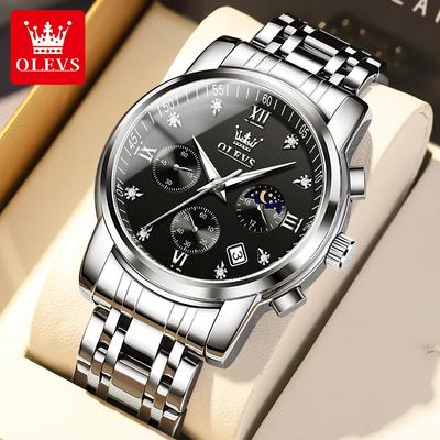 Mens Watches Original Brand Multifunctional Chronograph Quartz Watch Moon Phase Waterproof Three Small Dial Mens Gift