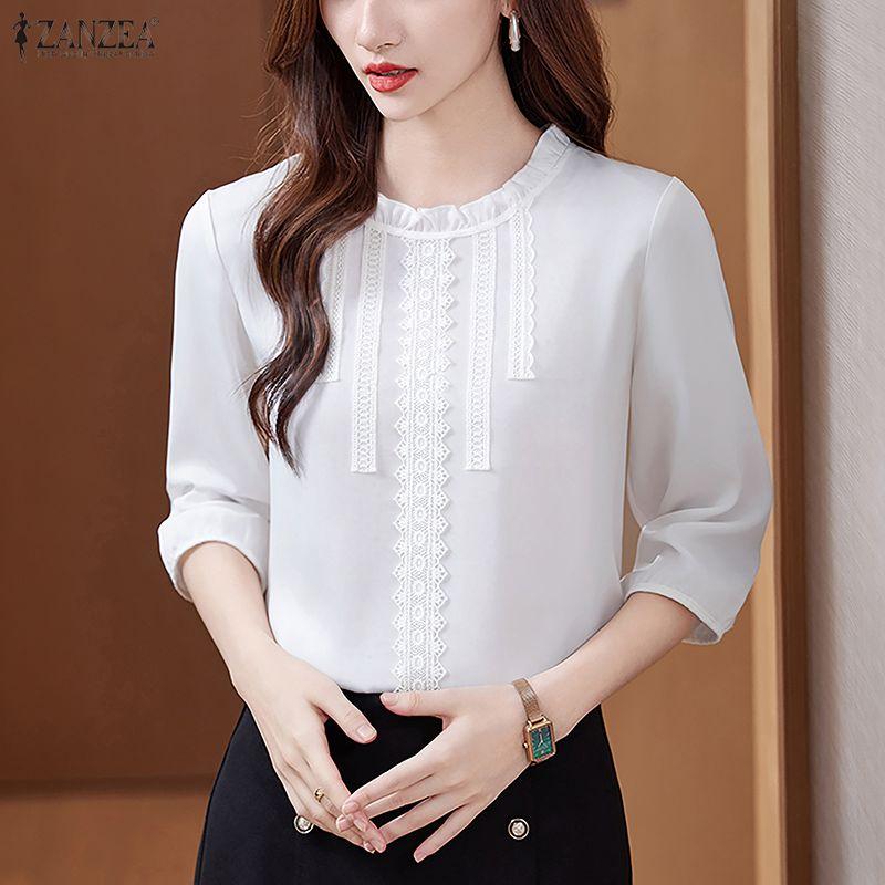 ZANZEA Women Casual Round Neck 3/4 Sleeve Loose Splice Lace Blouse